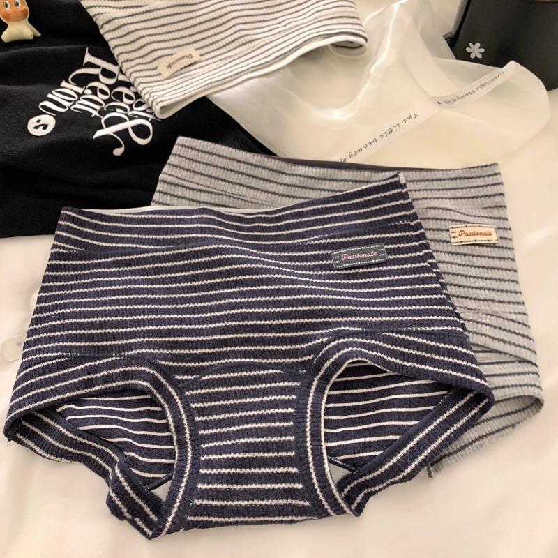 Damen Frühlings- und Herbst-Vintage-Gestreifte Baumwoll-Dreiecksunterwäsche mit verlängertem Schritt