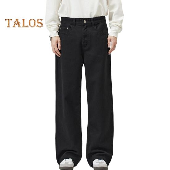 Men Pants Solid Color Straight Wide Leg Retro Style Pants with Pockets Zippered Trousers for Daily Home Streetwear Sports