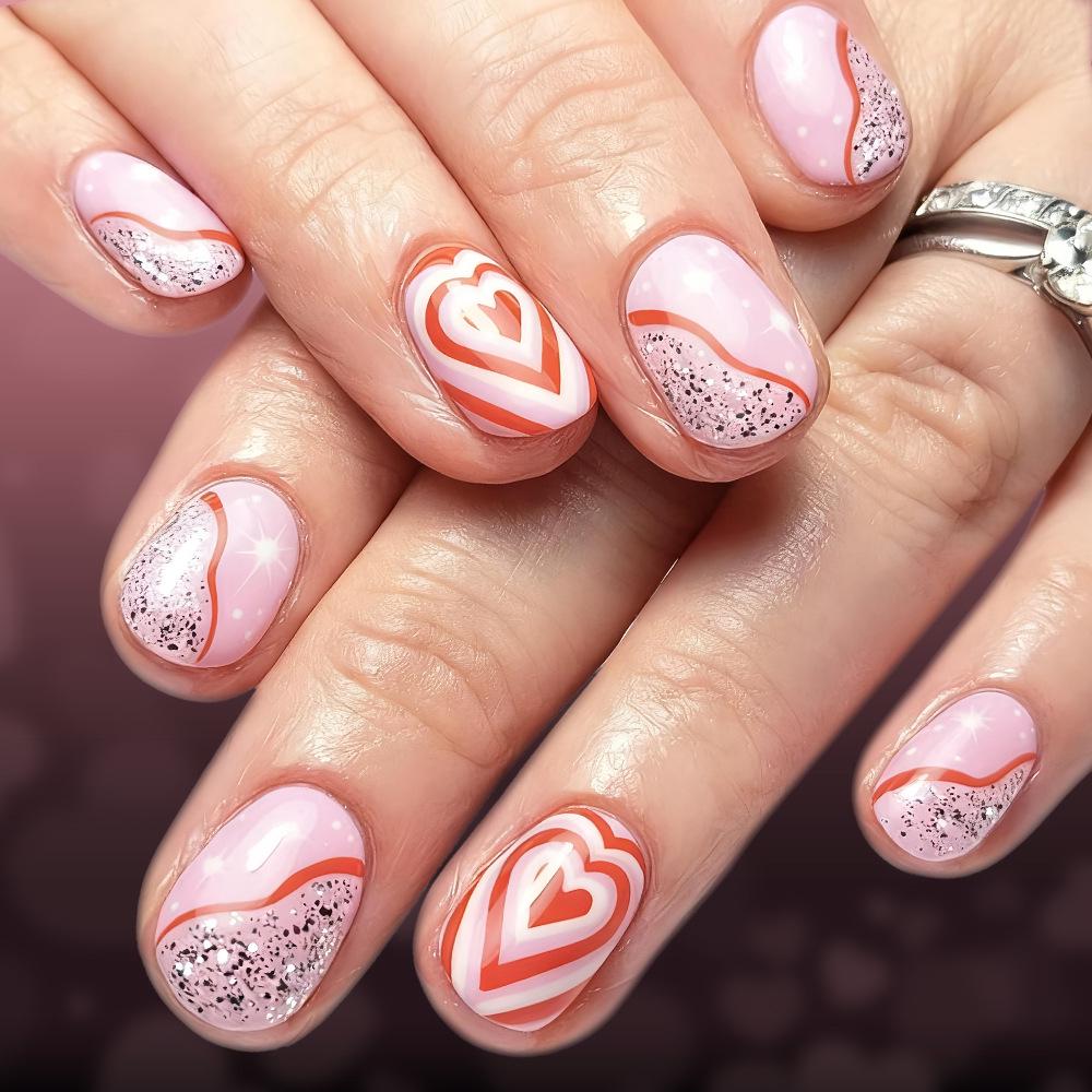 Valentine s Day Glossy Color Block Heart Glitter False Nail Set - 24 Detachable Pieces