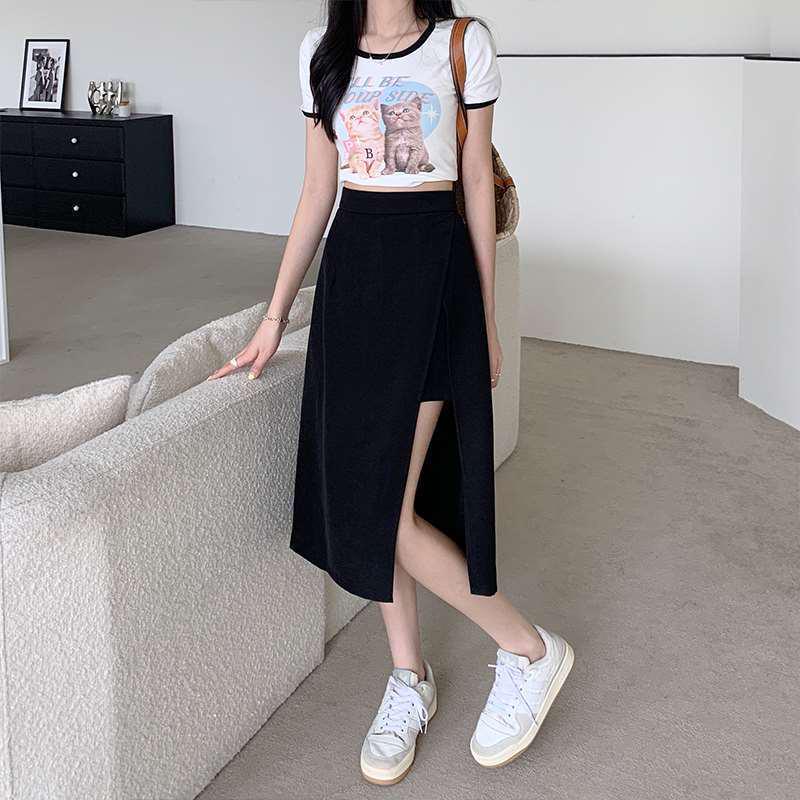 Women's Black High-Waist Slit A-Line Midi Skirt for Autumn