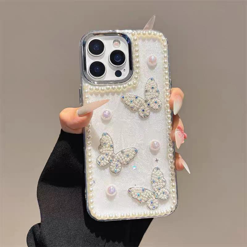 For Apple 16 Promax Mobile Phone Case New Style for IPhone 15 Small Fresh Style 17 Pearl Transparent Butterfly Glitter Powder