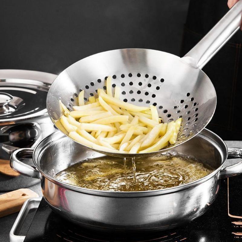 Cooking Made Easy with Stainless Steel Skimmer Spoon Mesh Design for Noodle Dumpling Straining Long Handle