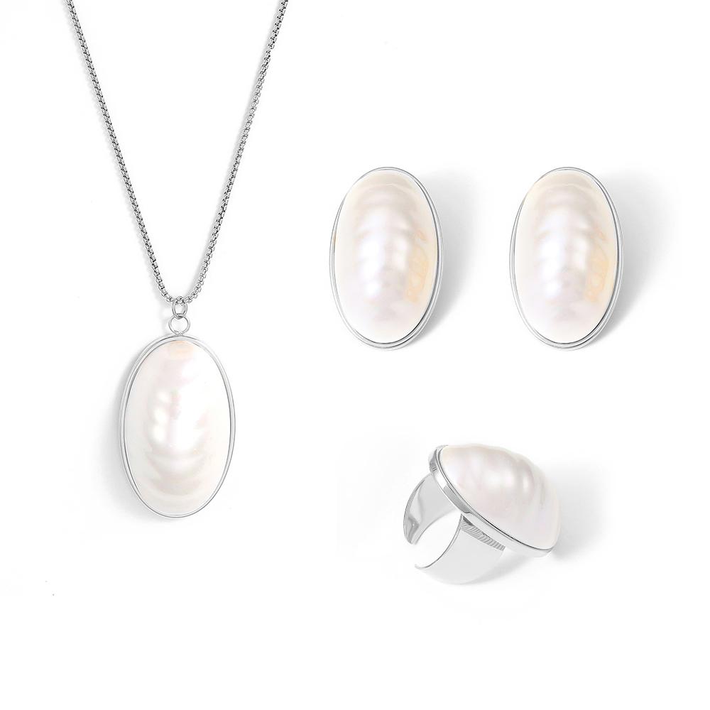 Oval Shell Pendant Necklace Open Ring Stud Earring For Women 18k Gold Plated Stainless Steel Chain Necklaces Rings Earrings Sets