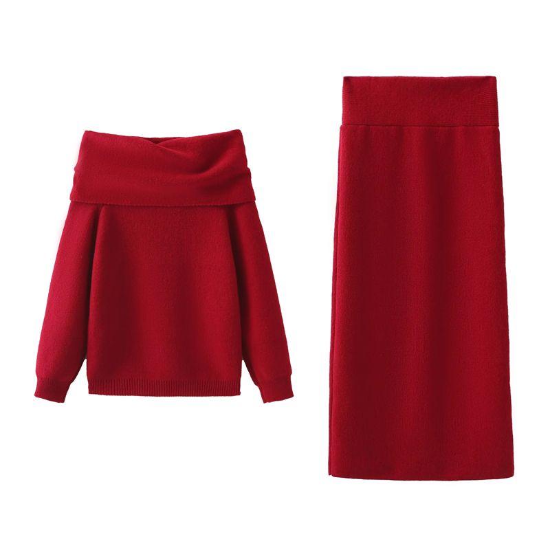 

Autumn and Winter New Products Women clothes French style New Year Christmas Formal Dress off-the-Shoulder Long sleeve Knit sweater + Skirt sets Wine Red Two-piece set L