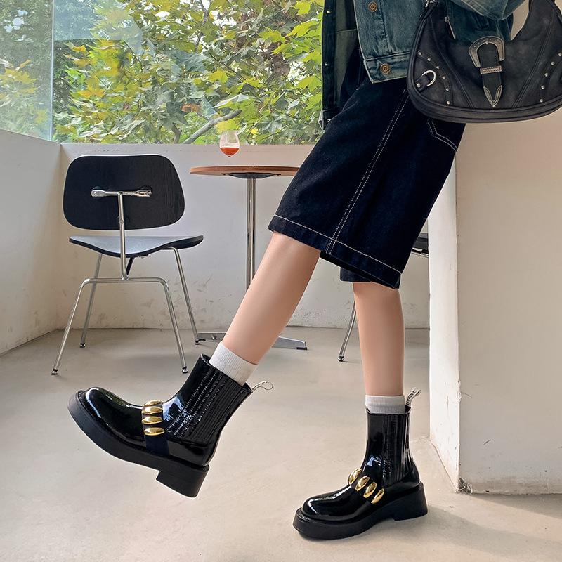 Metall Große Schnalle Plateau Leder Damen Kurzstiefel Chelsea Boots Damen Schwarz Britisch Martin Stiefel