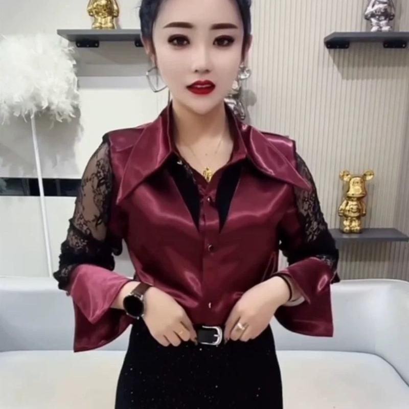 

French Light Luxury Design Lace Splicing Pointed Collar Long-sleeved Shirt for Women Autumn and Winter New Slim Fit Top XXL чорний
