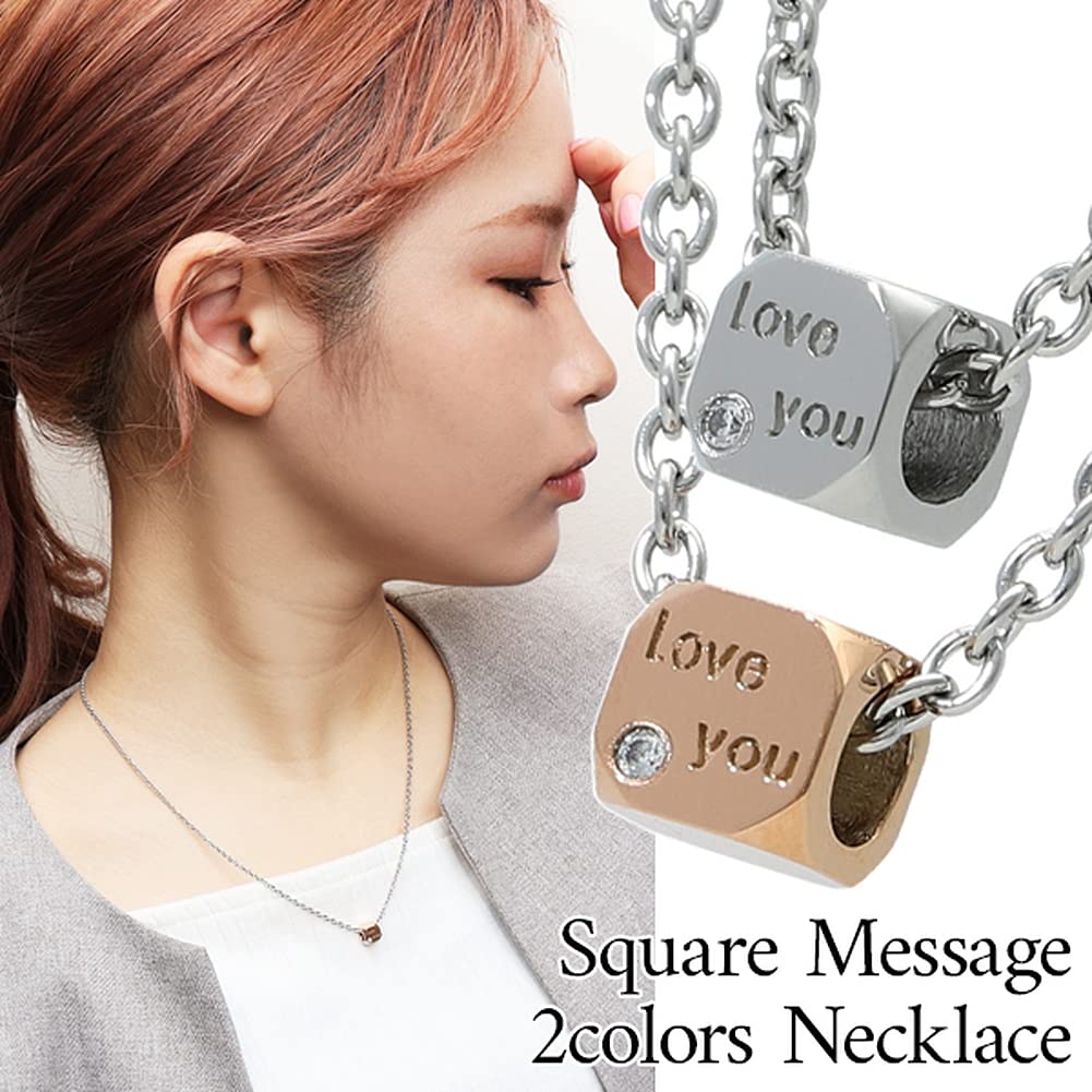 [Shinjuku Gin No Kura] Square Message Zirconia Surgical Stainless Steel Necklace, Normal, Women's Pendant, Hypoallergenic