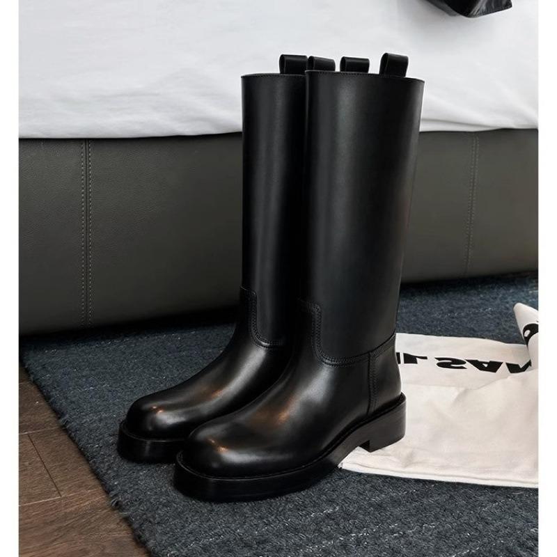 Cowhide Version~ Round Head High Boots Show Thinness and Height, Show Legs Straight Thick-soled Knight Boots Women's Autumn and Winter