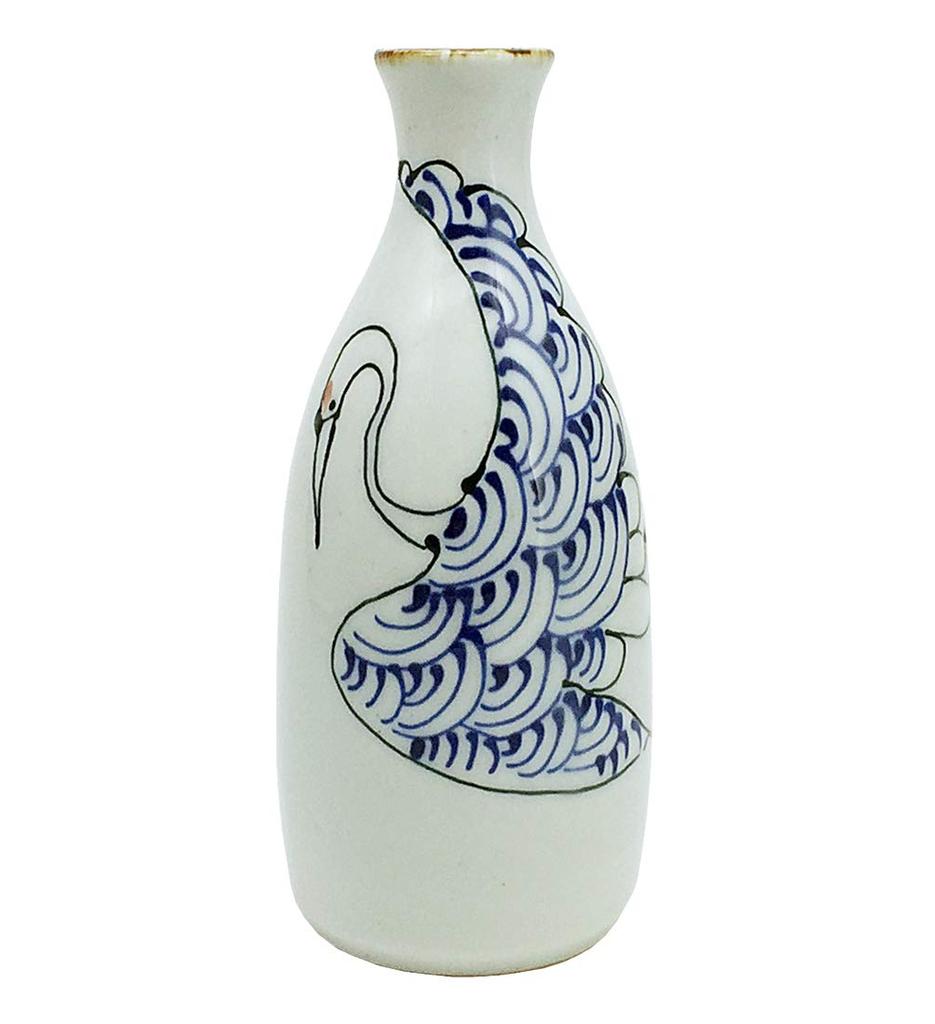 Nishikai Pottery White 300ml Hasami Ware Kotohogi Sake Bottle with Crane and Turtle Design 18192