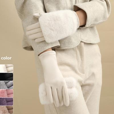 Thickened Suede Gloves for Women Cold Weather Winter Warm Gloves with Rabbit Faux Fur and Detachable Thermal Lining for Party
