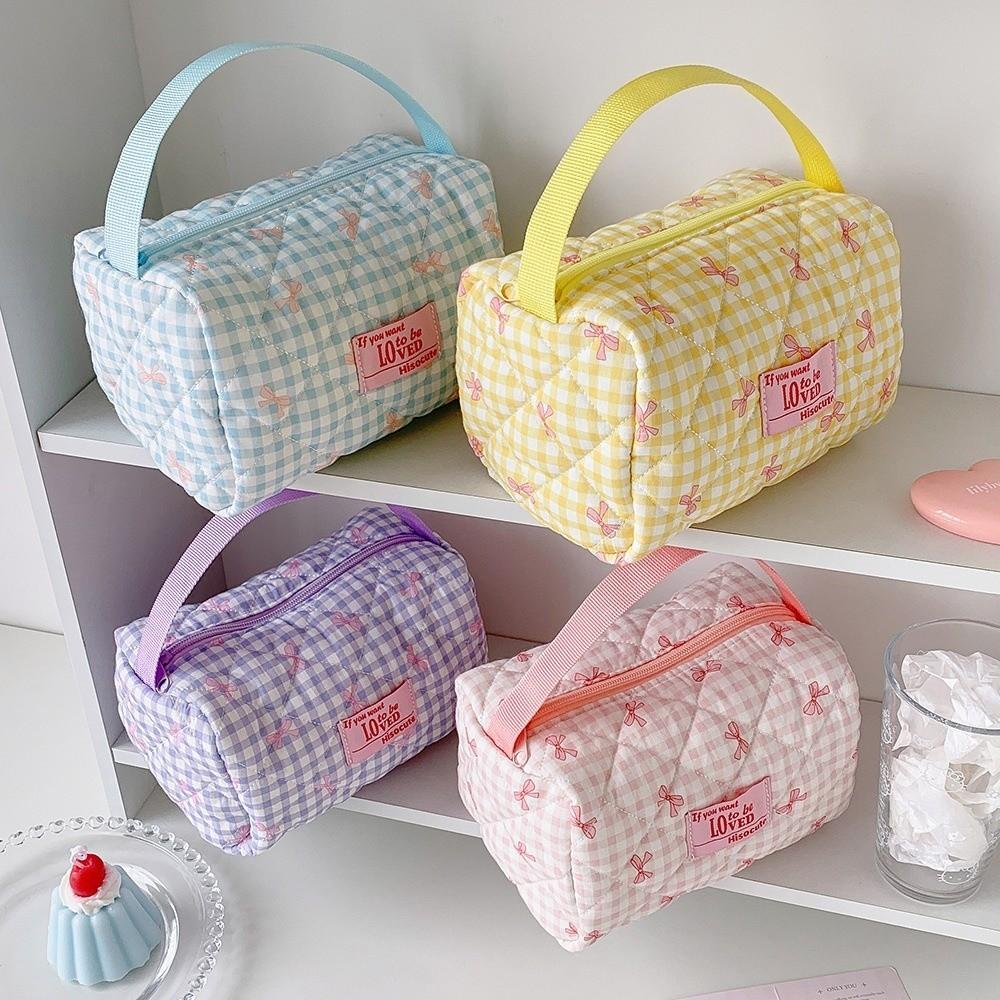 Quilted Pen Pouch Grid Pattern Handheld Makeup Bag Multi-functional Bowknot Pen Bag Travel