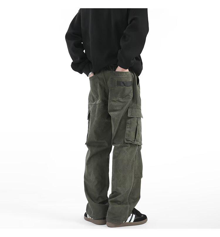 Men's Retro Punk Cargo Pants - Spring/Autumn 2025, Multi-Pocket, Heavyweight, Loose Fit, Straight Leg, Casual.