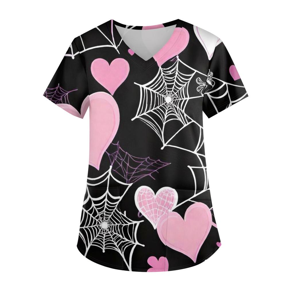 Ladies' Valentine's Day Printed Fashionable V-neck Pocket Short Sleeved Uniform And Caregiver Top