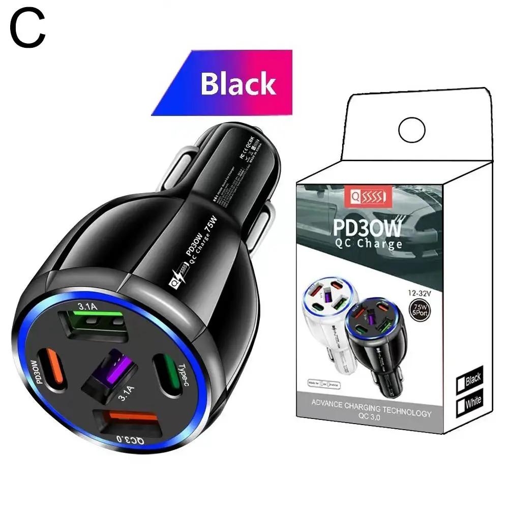 Car Charger 5 Port USB Type C 75W PD Phone Charger Quick Charge 3.0 Fast Charging Power Adapter For IPhone Samsung H U6Q0