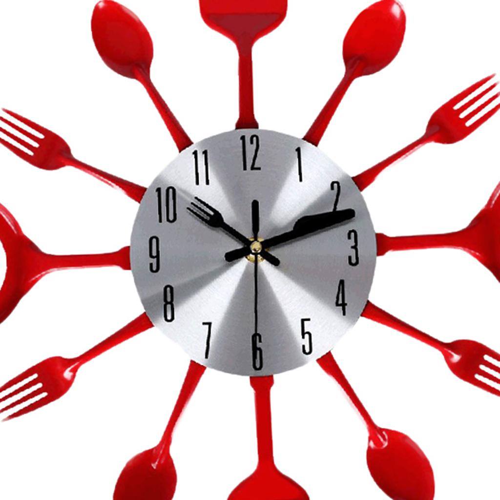 3D Wall Clock Kitchen Stainless Steel Fork Knife Clock Decorative Red