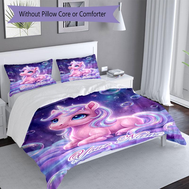 3PC Custom Name Unicorn Dreams Blanket Bedding Set Duvet Cover Closure Includes 1 Duvet Cover & 2 Pillowcases for Bedroom