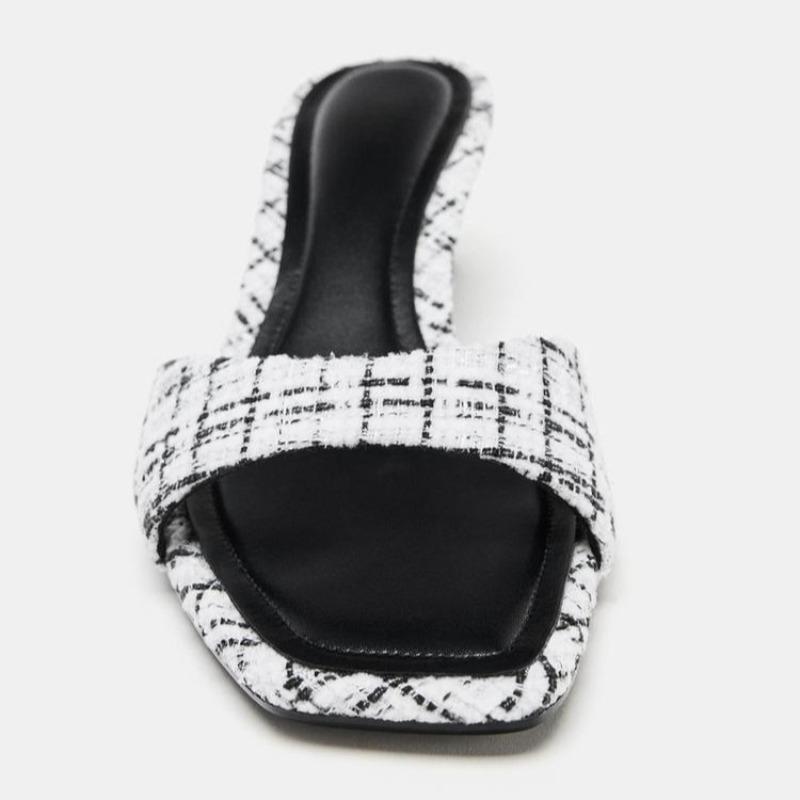 Luxury Designer Fabric Heeled Mule Sandal Women Fashion Plaid Front Strap Slide Sandal Sexy Square Toe Open Toe Stiletto Slipper