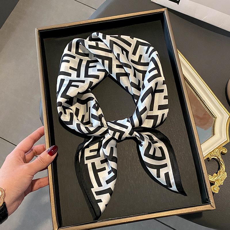 Luxury Design Silk Skinny Scarf Bag Handle Ribbon Ladies Little Cat Print Headband Small Hair Scarves Band Female Handkerchief