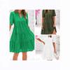 Vestido Mini Casual Británico de Punto con Cuello en V, Mangas Cortas Abullonadas, Ojales, Holgado, Cintura Alta
