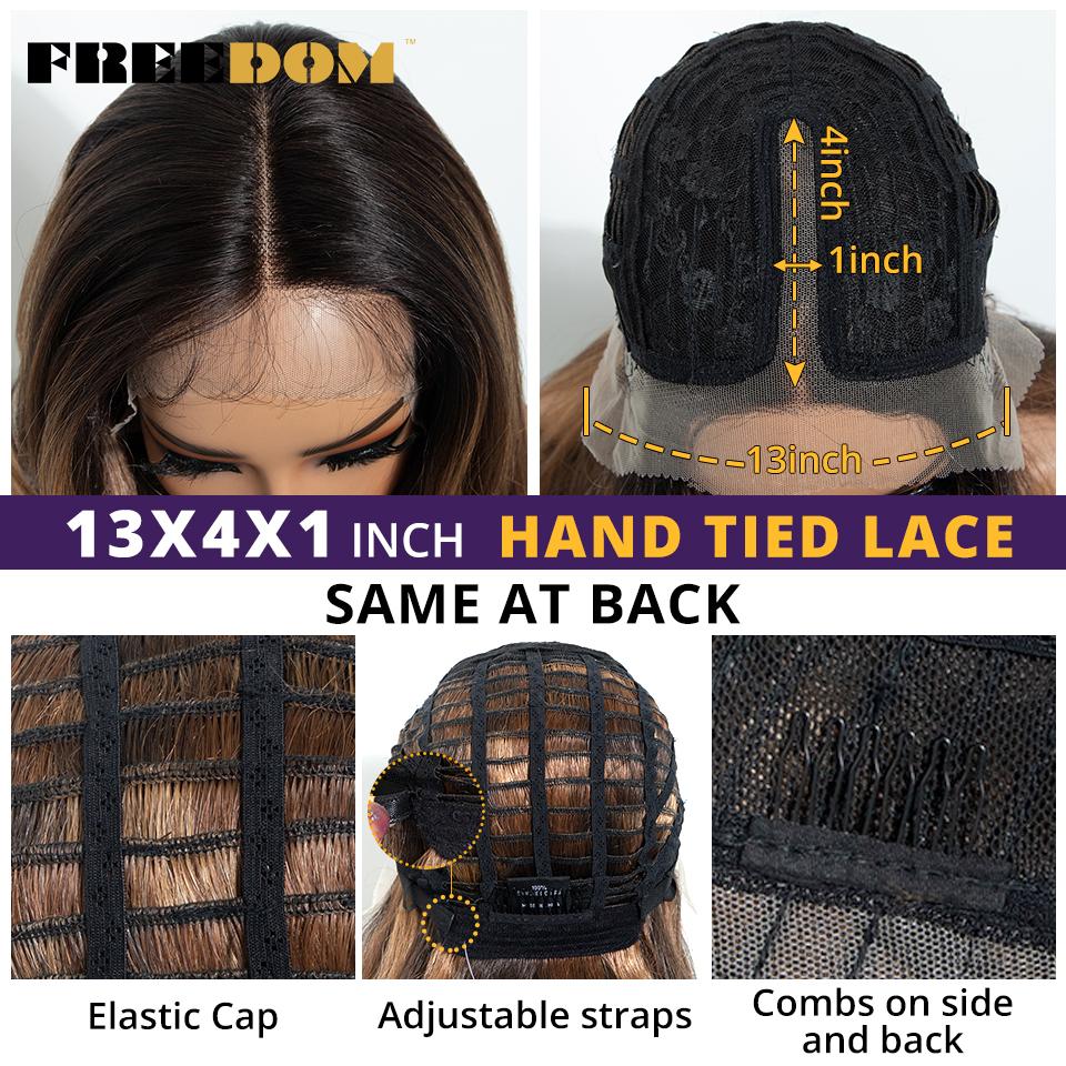 FREEDOM Synthetic Lace Front Wigs For Women 28 Inches Long Layered Wavy T Part Ombre Brown Blonde Wig With Bangs Cosplay Wigs