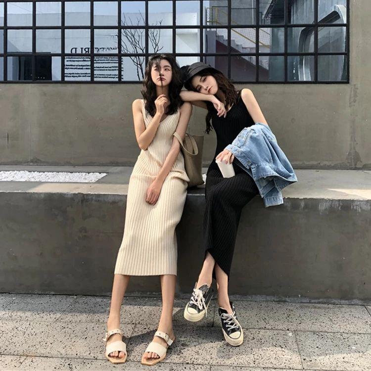 Stylish and Chic Summer Dress - Knitted Slim  Fit Spaghetti Strap Dress for Women