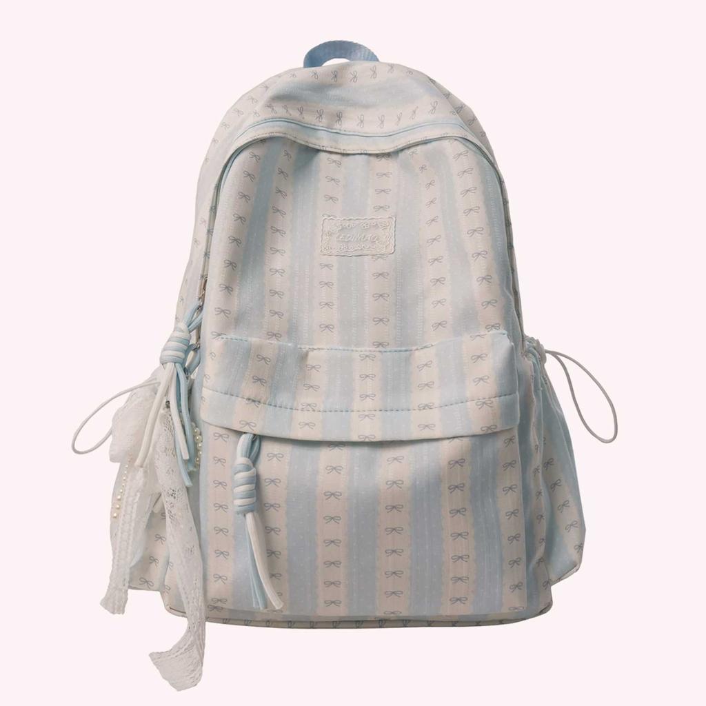 Nylon Bow Printed Lightweight Travel Bag Large Capacity Aesthetic Daypack Bow Rucksack Multi-pocket for Teens Girls Students