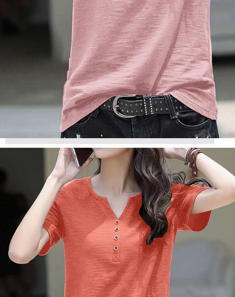 Women's 2024 Summer Plus-Size Retro V-Neck Short-Sleeve T-Shirt - Solid Color, Simple, Versatile, and Trendy.