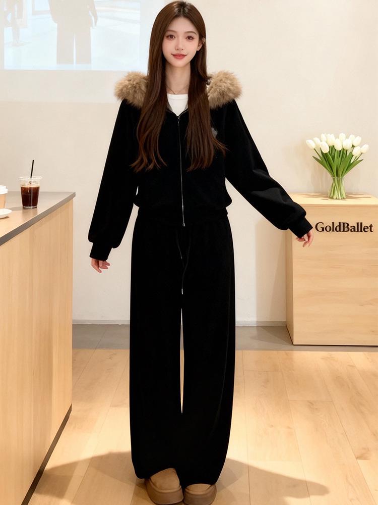 2026 Autumn Winter Women's Elegant Casual Velvet Hoodie and Pants Set