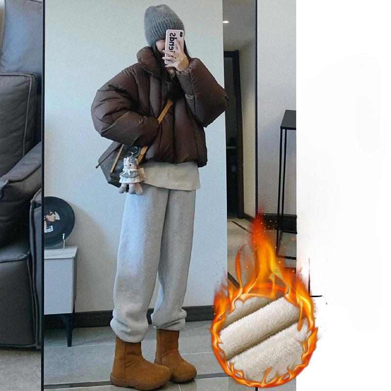 

Plus Velvet Sweatpants Women s Loose Feet Autumn and Winter Straight Wide-leg American Casual Gray Slimming Sweatpants XS