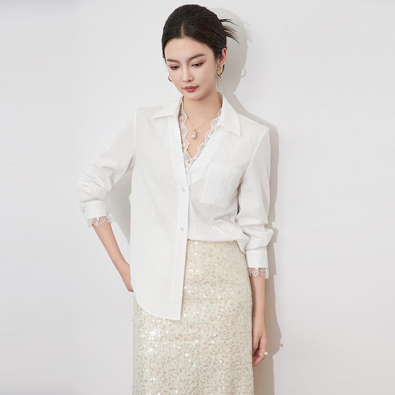Elegant Lace Peter Pan Collar Long Sleeve Cotton Shirt - Women's Fashion 