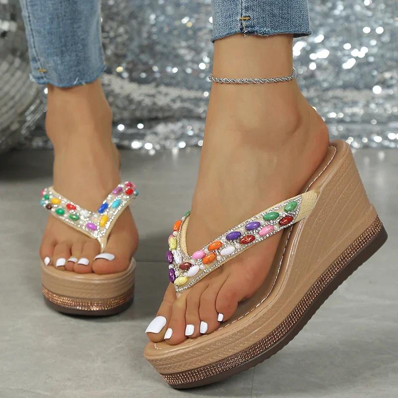 Colorful Gem High Wedges Flip Flops Women Summer  Chunky Platform Crystal Clip Toe Sandals Woman Thick Bottom Beach Slippers