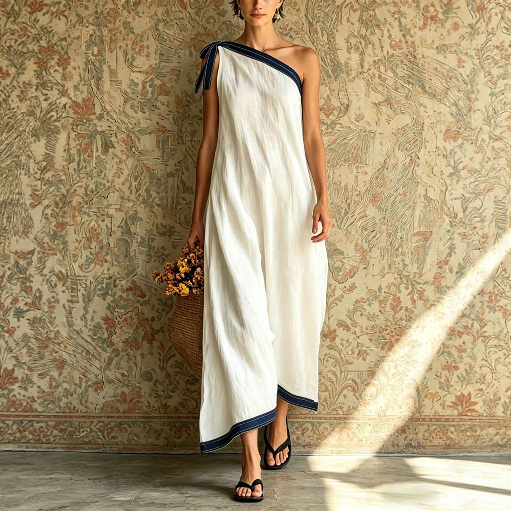 European and American new single shoulder straps linen long dress women's summer vacation style loose and thin dress