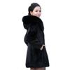 Women's Mid-Length Faux Mink Coat with Hood and Fox Fur Collar - Korean Style