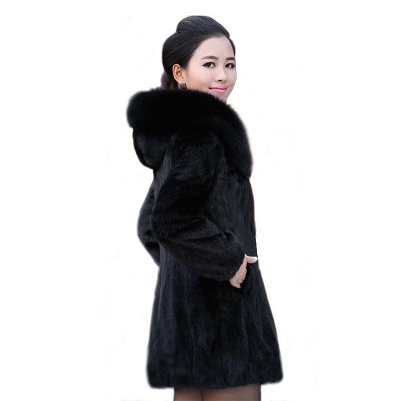 Women's Mid-Length Faux Mink Coat with Hood and Fox Fur Collar - Korean Style