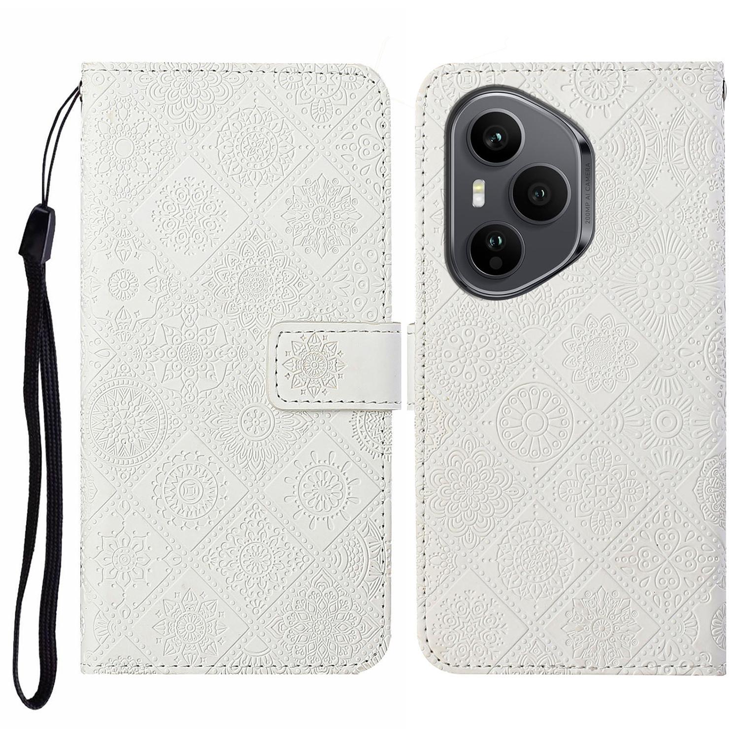

For Honor 400 Pro 5G (Global) Case Leather Case Ethnic Style Wallet Phone Cover with Strap White