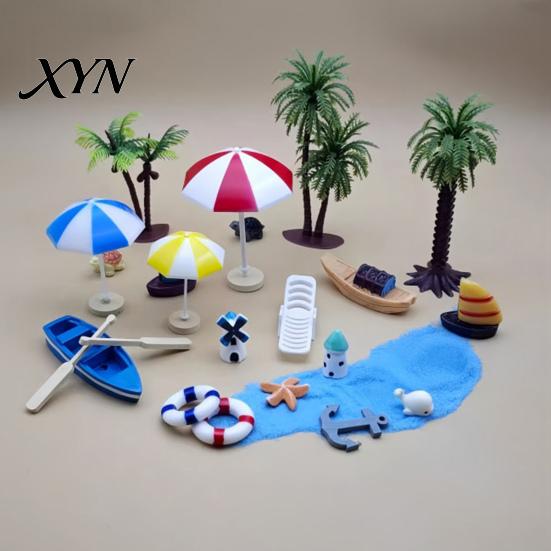Island Style Micro Landscape Kit Ornaments, Beach Miniature Decoration, Boat/Chair/Umbrella/Palm Tree/Swimming Ring Mediterranean for Succulents Pots