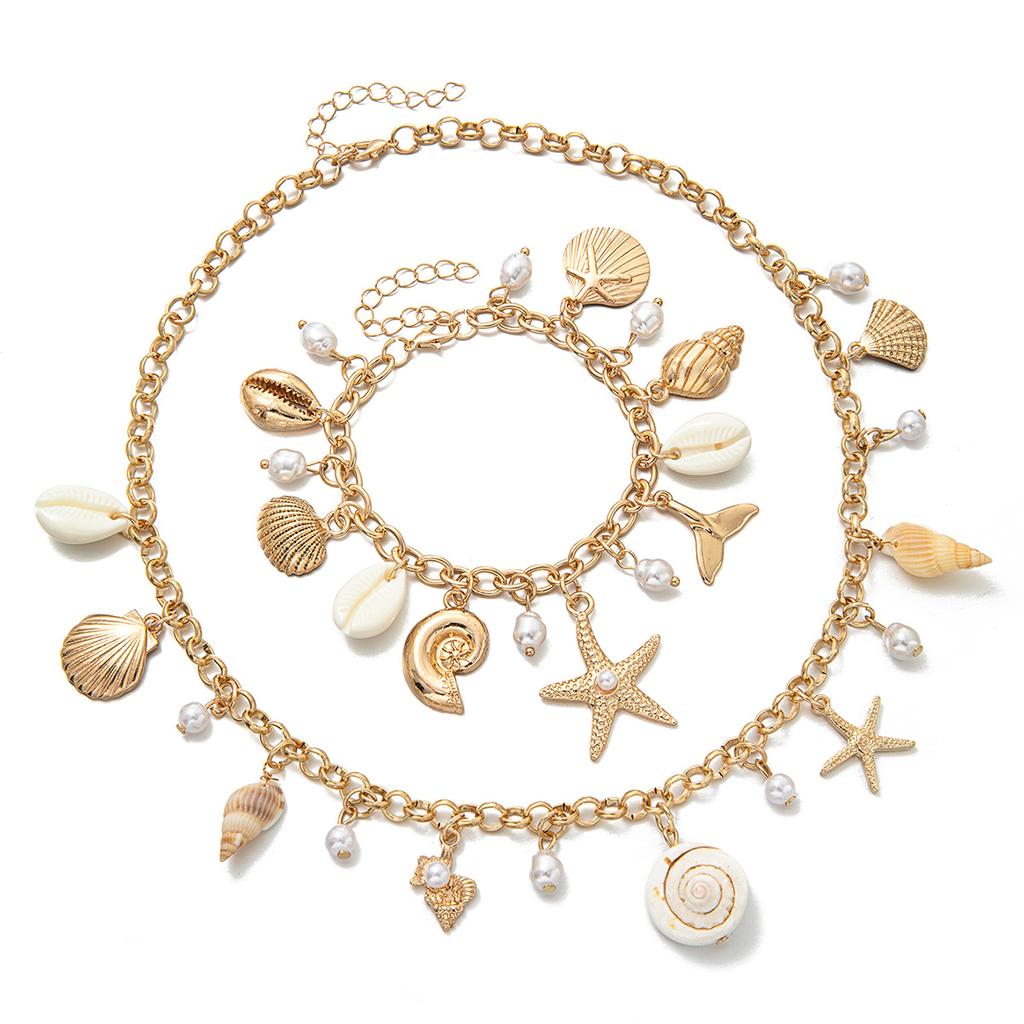 Ocean-style Natural Shell, Conch and Starfish Necklace & Bracelet Set, Vacation-style Clavicle Chain
