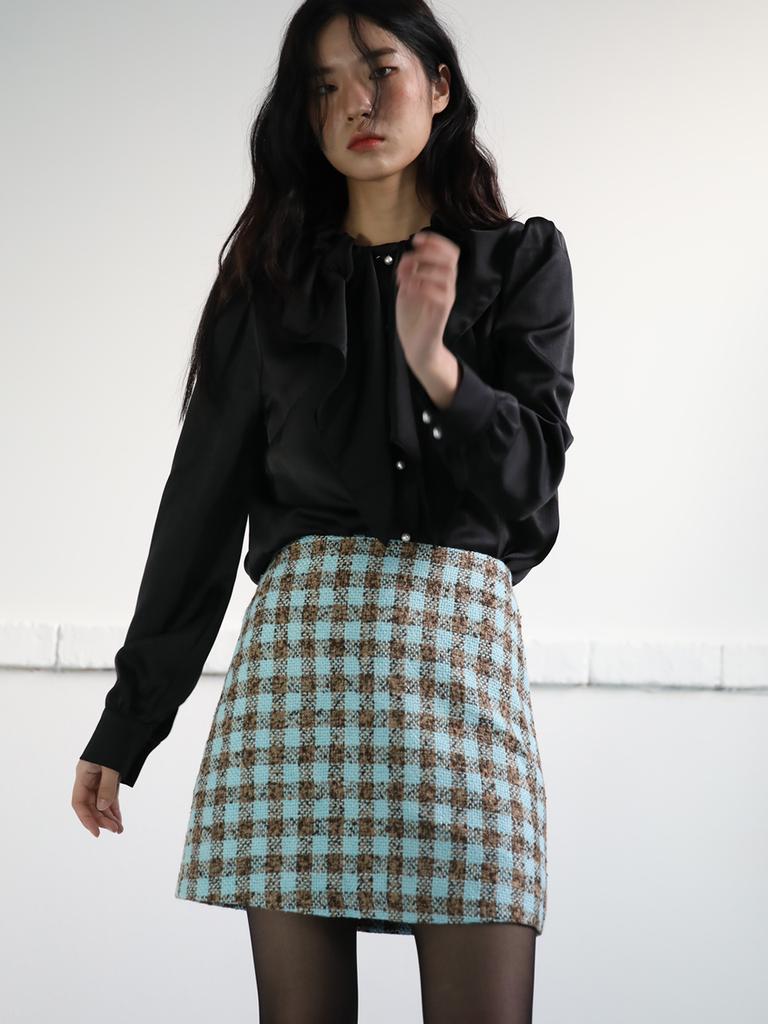 Sorry, Too Much Love Gingham Tweed A Line Skirt_Blue