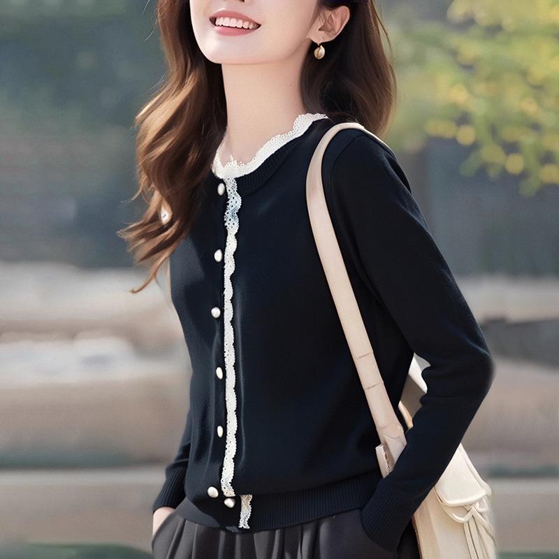 Real spring and autumn new round neck knitted sweater women's clothing fungus edge top