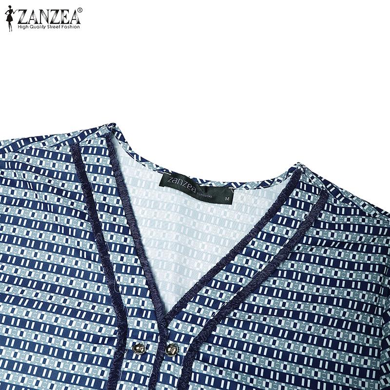 ZANZEA Women V Neck Puff Sleeve Smooth Print Casual Loose Tunic Dress