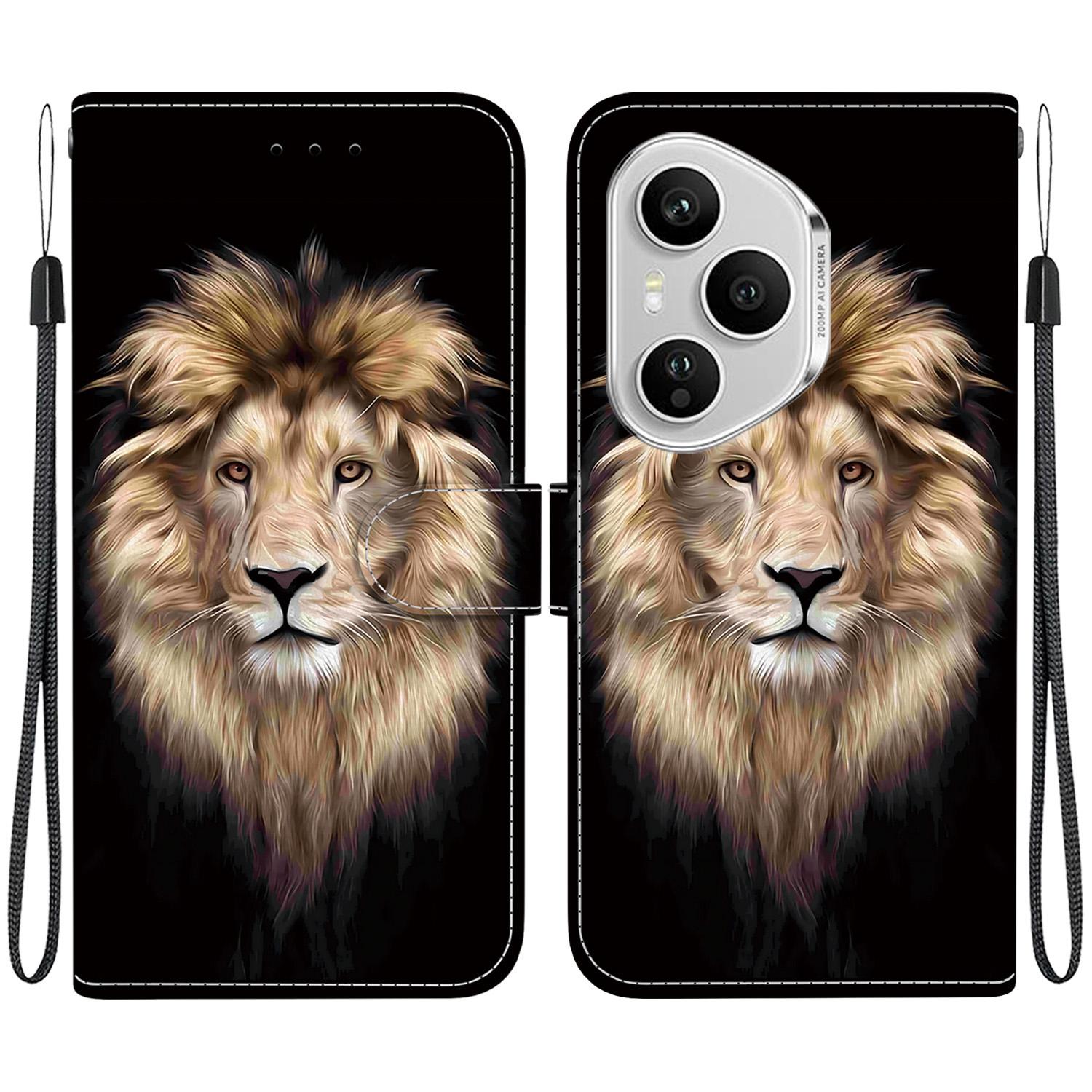 

For Honor 400 Pro 5G (Global) Case Pattern Printing Leather Flip Wallet Phone Cover with Lanyard Lion Head