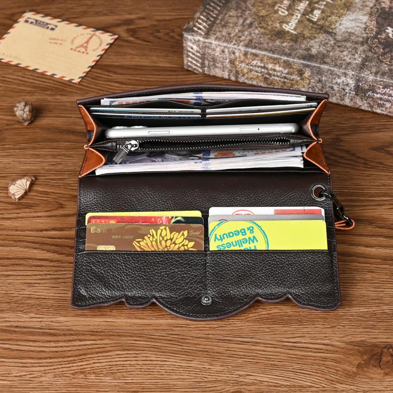Chinese Style Leather Wallet for Women,Grain Cowhide Long Zip Around Wallet Large Capacity Tri-Fold Clutch Vintage Purse