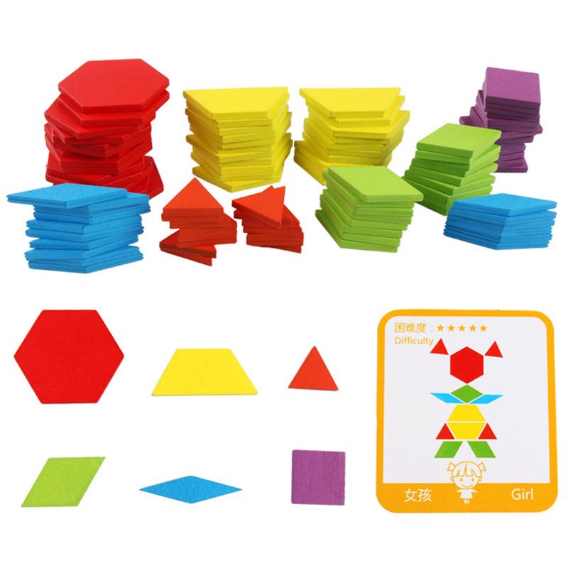 155Pcs Set Wooden Pattern Blocks Geometric Shape Jigsaw Puzzle Baby Educational Montessori Tangram Toys for Kids with 24Pcs Card