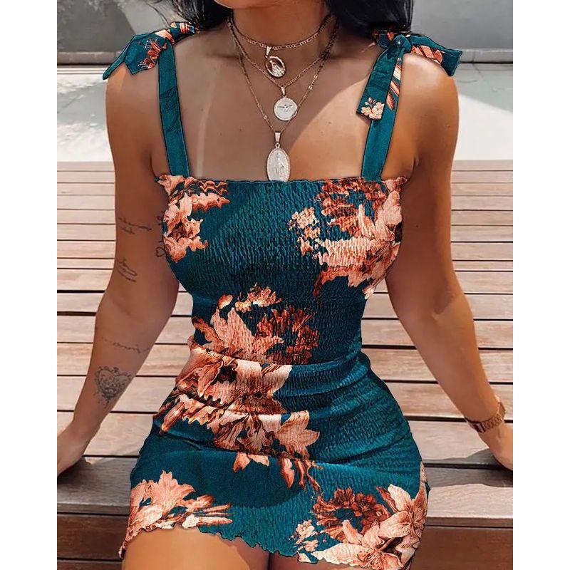 Small Summer New Arrival off-Neck White Flowers Print Silm Elastic Hip Tied Spaghetti-Strap Dress Women