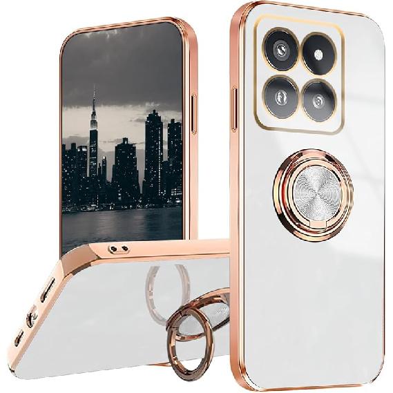 for Xiaomi 14T Case with Magnetic Stand, Phone Case for Xiaomi 14T Silicone with Ring Holder Shockproof Fundas Slim Thin Luxury Plating Bumper Cover белый