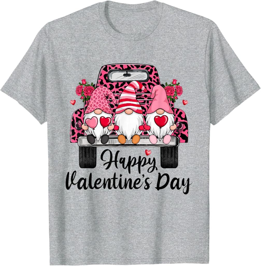 Three Gnomes Leopard Truck Graphic Tee Cute Happy Valentine Day Casual Cotton Short Sleeve T-Shirt