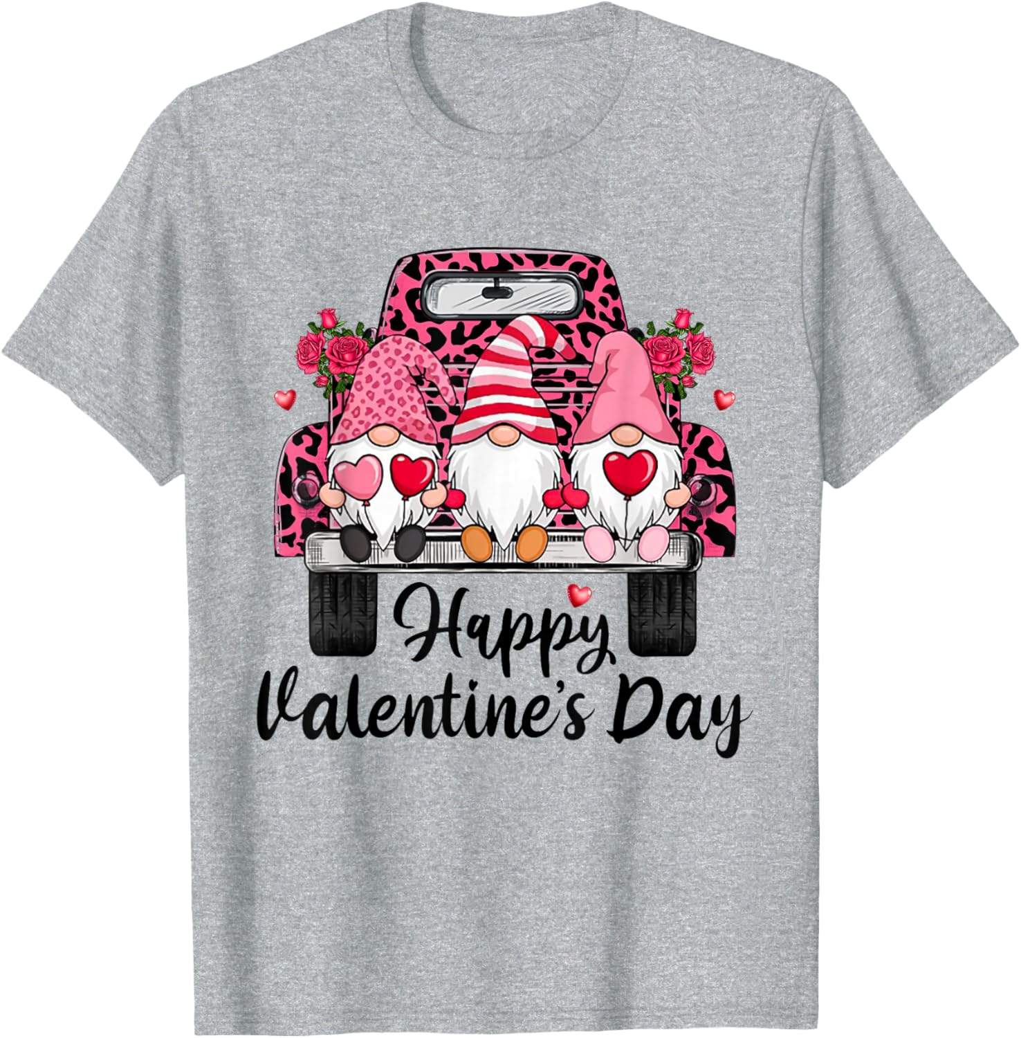

Three Gnomes Leopard Truck Graphic Tee Cute Happy Valentine Day Casual Cotton Short Sleeve T-Shirt 4XL