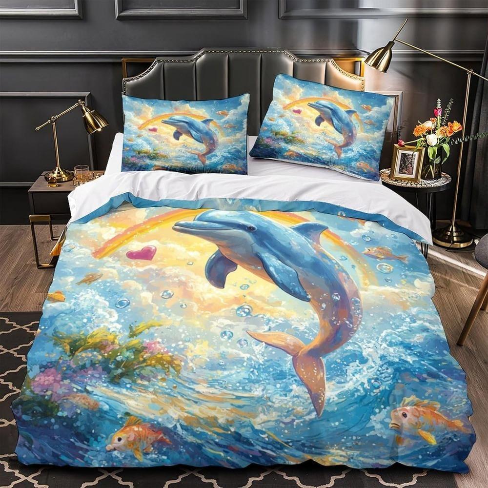CartoonDolphin  Motif Bed Linen,Microfibre Bedding Sets, Children's Bed Linen  for Teenagers  adult  3-Piece Duvet Cover