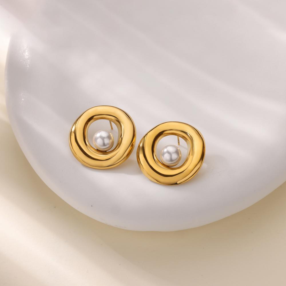 Hollow Imitation Pearl Stud Earring Women Stainless Steel Gold Color Geometric Hoop Piercing Earring Chunky Wedding Zircon Gift