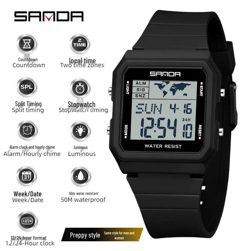 SANDA Youth Sports Luminous Waterproof Multifunction Watch with World Time & Alarm